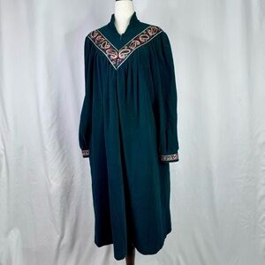 Vintage Vanity Fair Velour Housecoat zip front forest green gold metallic trim L